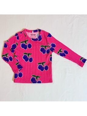 Mini Rodini Plum AOP Tee Girls 9-18M Pink Ribbed Long-Sleeve Top Organic Cotton